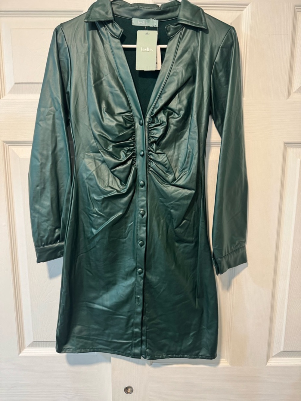 Leslie Fay Deep Teal Faux Leather Button-Front Dress